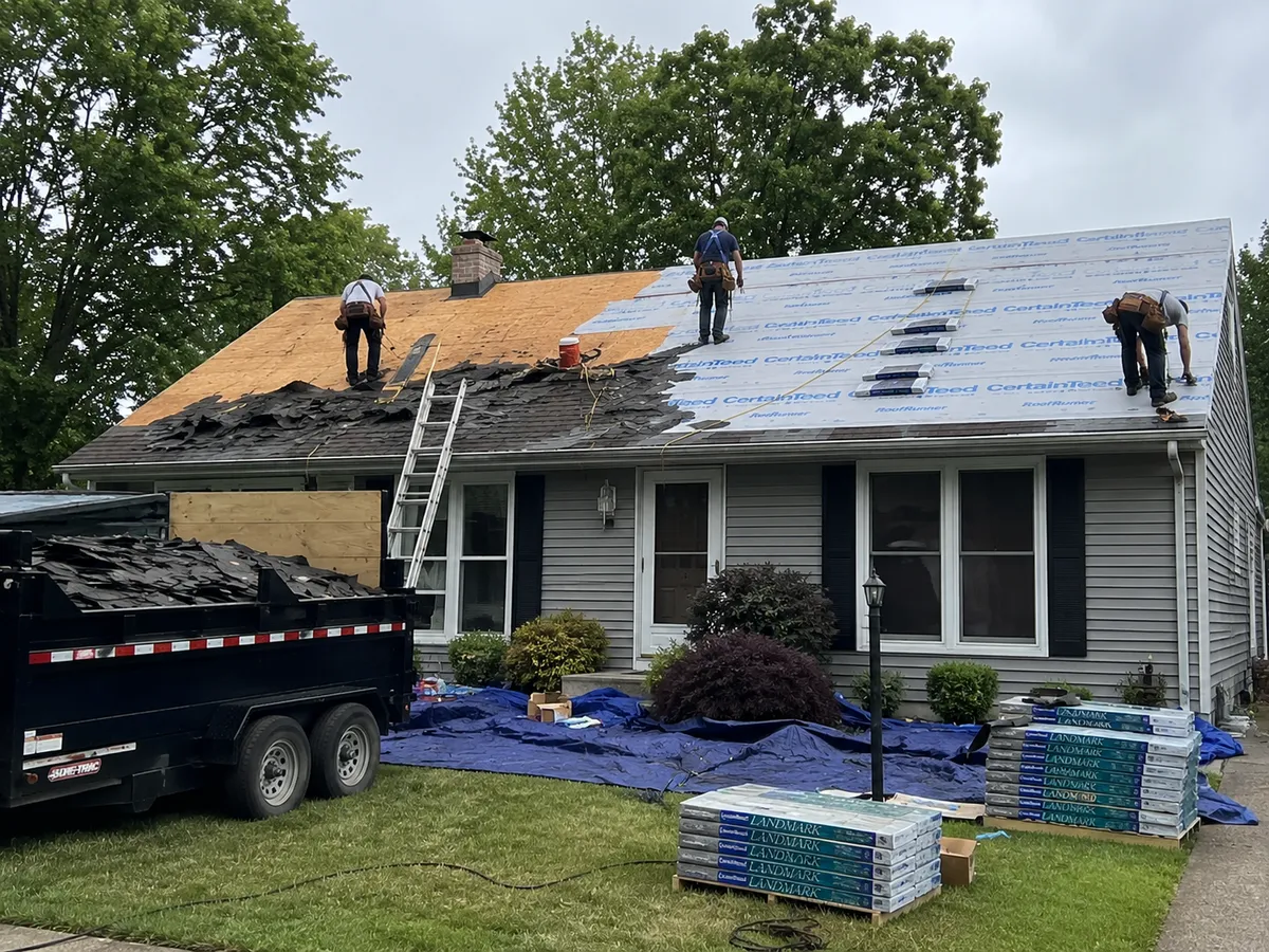 A full roof tear-off and replacement in progress on a Milwaukee-area home